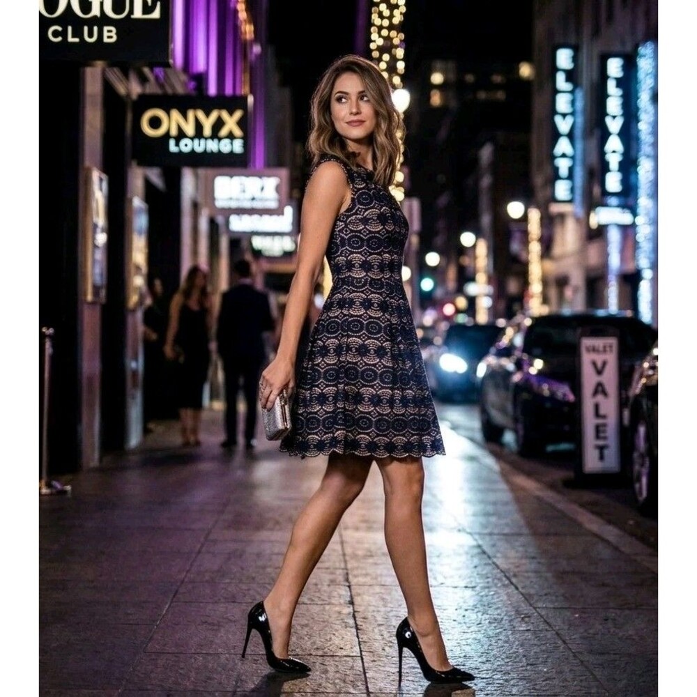 Vince Camuto NWT sequin illusion-neck midi dress in black and gold Sz 8 MSRP$168